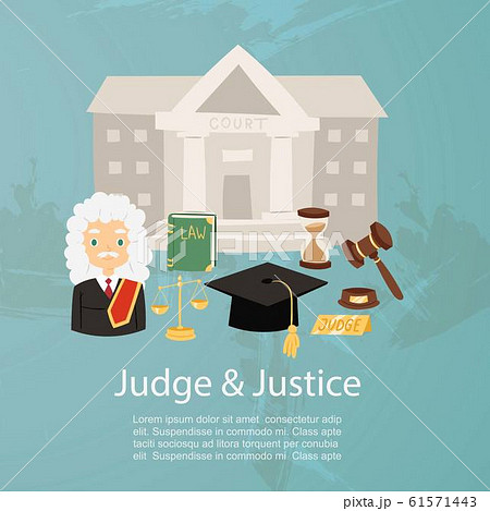 Judge man in judicial robe and wig, justice and court, law book and hummer cartoon character vector illustration. 61571443