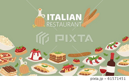 Italian restaurant food banner with pizza, lunch pasta, spaghetti and cheese, desserts and wine vector illustration. Italian restaurant food banner with pizza, lunch pasta, spaghetti and cheese, desserts and wine vector illustration. 61571451