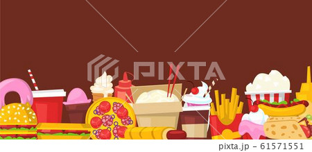 Fast food vector illustration of gorizontal banner. Cartoon illustration of burger sandwich, hamburger, pizza and hot dog. Fast food meal cover for restaurant menu or web banner. 61571551