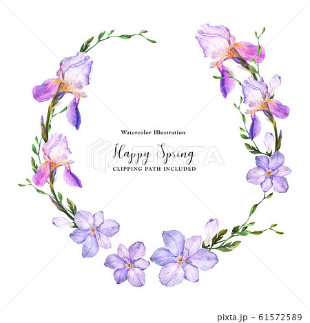 Decorative Watercolor Wreath With Iris And Freesiaのイラスト素材