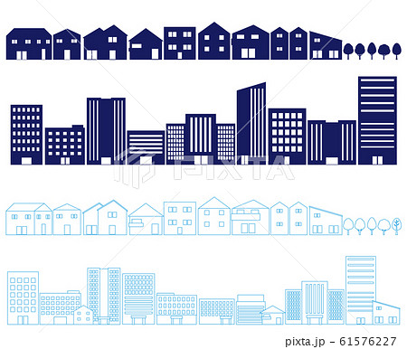 ビル 住宅街 街並み シルエット 線画 イラストのイラスト素材