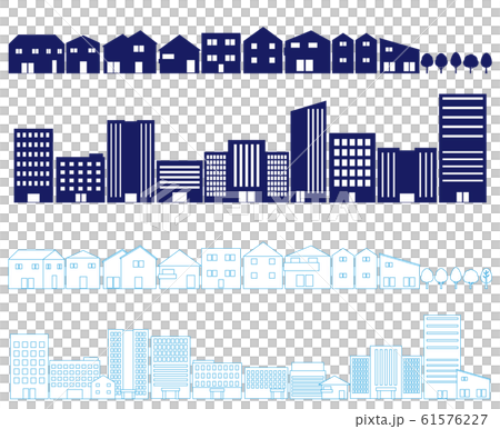 ビル 住宅街 街並み シルエット 線画 イラストのイラスト素材