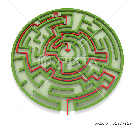 ゴールに向かう矢印 丸い迷路 緑の壁 3dレンダリング 3dイラスト迷路 壁 緑 回答 矢印のイラスト素材