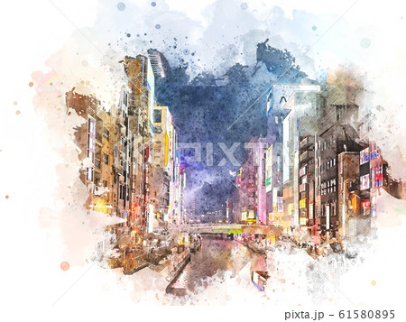 Abstract colorful cityscape building and walking street in Osaka, Japan on watercolor illustration painting background. 61580895