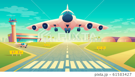 takeoff of plane on landing strip 61583427