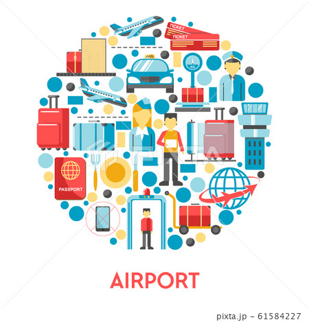 Airport banner with air travel icons set in circle Airport banner with air travel icons set in circle 61584227