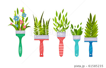 Decorative Leaves and Flowers Peeped out From Paint Brush Vector Set 61585235