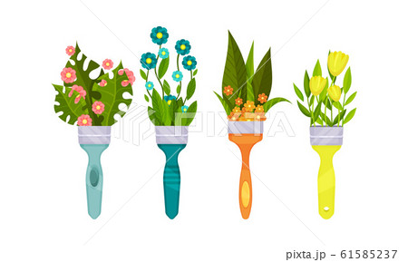 Decorative Leaves and Flowers Peeped out From Paint Brush Vector Set 61585237