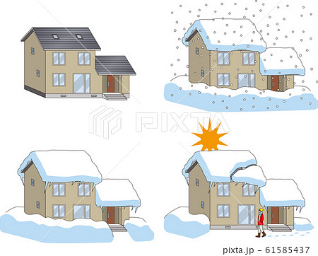 住宅の積雪と落雪のイラスト素材