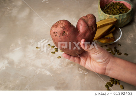 Ugly food, potatoes in the shape of a heart.Natural and simple farm products. Salted fermented cucumbers. Pumpkin seeds. Children's hands hold potatoes, taking care of the crop. Ugly food, potatoes in the shape of a heart.Natural and simple farm products. Salted fermented cucumbers. Pumpkin seeds. Children's hands hold potatoes, taking care of the crop. 61592452