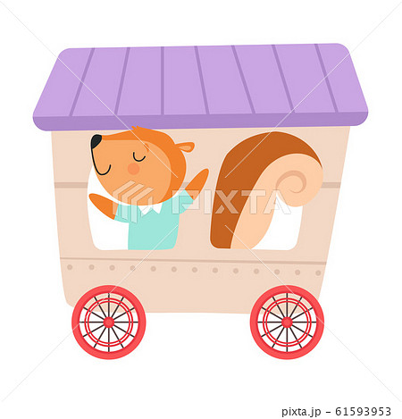 Cheerful Red Cheeked Squirrel Driving Toy Wheeled Carriage Vector Illustration 61593953