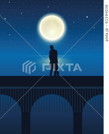 couple on a bridge by the lake with full moon in a starry night couple on a bridge by the lake with full moon in a starry night 61594036