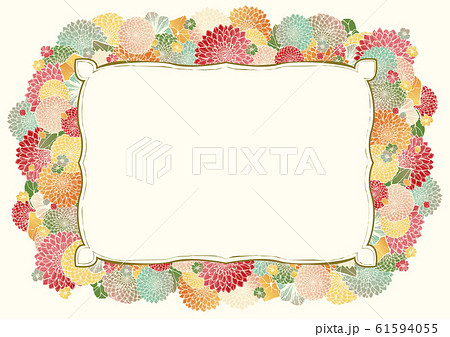 和柄の背景素材 レトロ アンティーク 和風 着物風 白 手書きの花柄 結婚式のフレーム素材のイラスト素材
