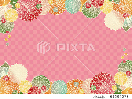 和柄の背景素材 レトロ アンティーク 和風 ピンク 着物風 市松模様 結婚式のフレーム素材のイラスト素材