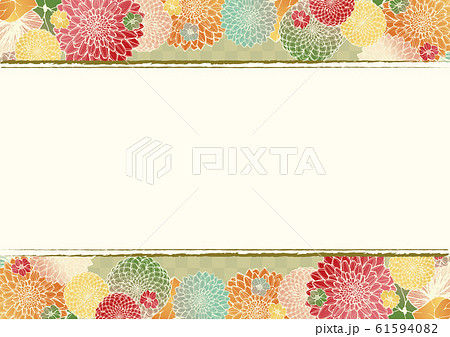 和柄の背景素材 レトロ アンティーク 和風 うぐいす色 着物風 手書きの花柄 結婚式のフレーム素材のイラスト素材