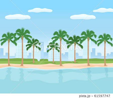 リゾート地のやしの木と海と青空の背景イラストのイラスト素材