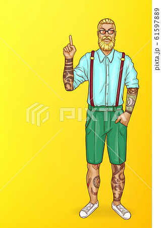pop art tattooed bearded man points direction pop art tattooed bearded man points direction 61597889