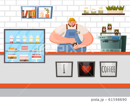 Coffeehouse Interior, Barista at Work in Cafe Coffeehouse Interior, Barista at Work in Cafe 61598690