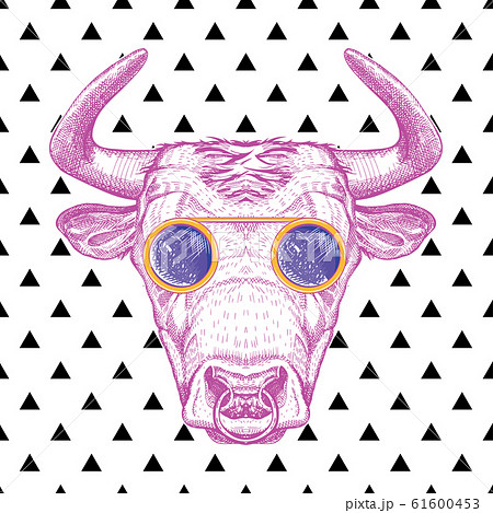 Vector image of a bull with glasses. The bull, painted in pink color on a background of triangle. Surrealism. 61600453