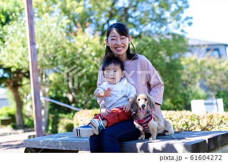 公園で遊ぶ親子と愛犬 公園で遊ぶ親子と愛犬 61604272