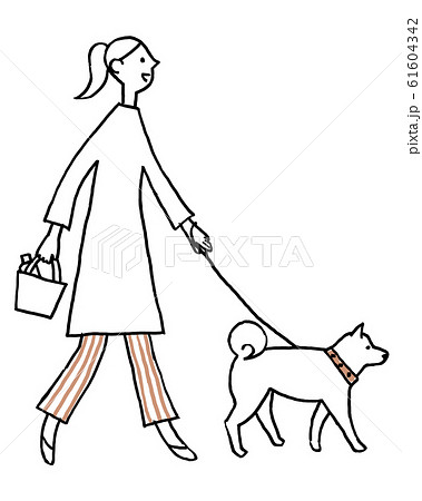 犬の散歩 手描き風線画のイラスト素材
