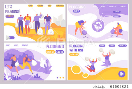 Plogging landing web page set, people jog and collect garbage vector illustration. 61605321