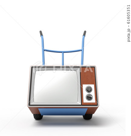 3d rendering of blue hand truck standing in half-turn with brown retro TV set on it. 3d rendering of blue hand truck standing in half-turn with brown retro TV set on it. 61605351