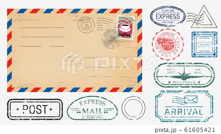 Realistic envelope with various stamps set vector graphic illustration 61605421