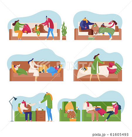 Family in flu season, sick cold fever people vector illustration isolated set. 61605493