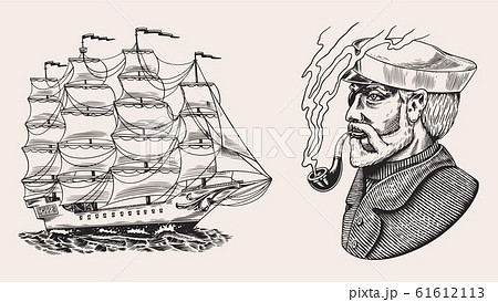 Nautical sailing ship in the sea. Captain or sailor with pipe. Seaman with beard. Seagoing vessel 61612113