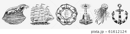 Nautical adventure set. Sea lighthouse, jellyfish and marine octopus and shipping sail, old sailor Nautical adventure set. Sea lighthouse, jellyfish and marine octopus and shipping sail, old sailor 61612124