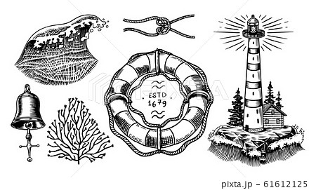 Nautical adventure set. Sea lighthouse, marine ocean waves, beacon and lifebuoy. Hand drawn engraved Nautical adventure set. Sea lighthouse, marine ocean waves, beacon and lifebuoy. Hand drawn engraved 61612125