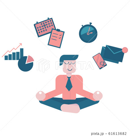 Businessman meditating, concept of time management, stress relief and problem solving. Man thinking about business in lotus pose. Vector illustration in flat style 61613682