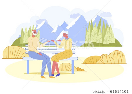 Adorable Senior Couple Sit on Wooden Bench in Park 61614101