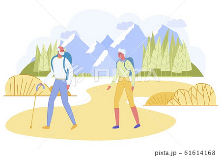 Senior Couple with Backpacks Hiking at Highland Senior Couple with Backpacks Hiking at Highland 61614168