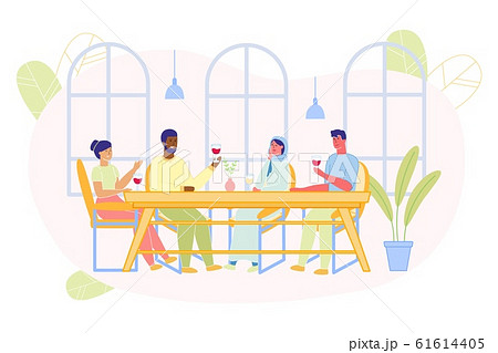 International Man and Woman Drink Wine at Table. 61614405