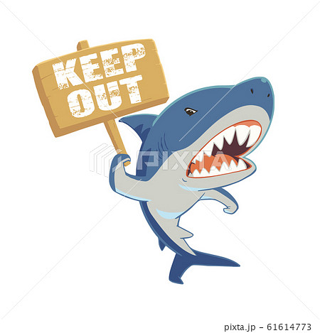 Keep Outのたて看板を持つかわいいサメのキャラクターイラストのイラスト素材