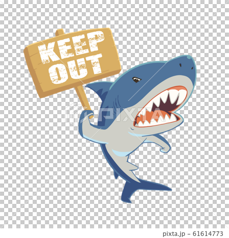 Keep Outのたて看板を持つかわいいサメのキャラクターイラストのイラスト素材