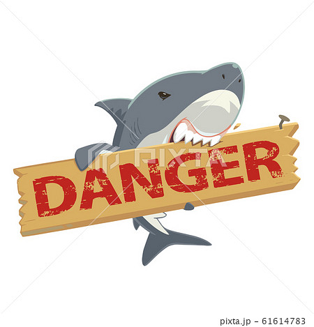 Dangerのたて看板とクールなサメのキャラクターイラストのイラスト素材
