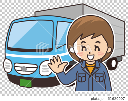 運送業の女性ドライバーと大型トラックのイラスト素材