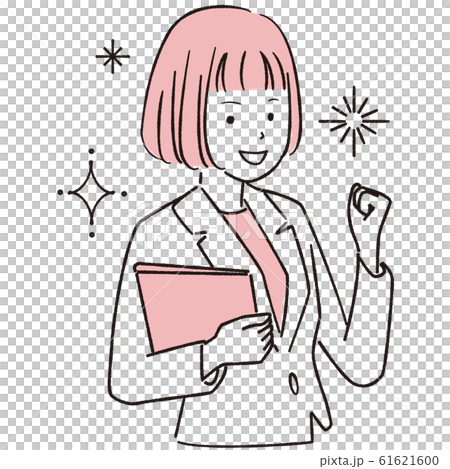 手描き1color  女性 おかっぱ ガッツポーズ 61621600