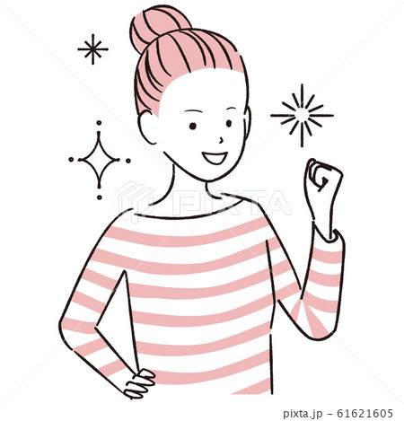 手描き1color  カジュアルな女性　ガッツポーズ 61621605