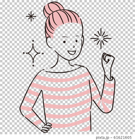 手描き1color  カジュアルな女性　ガッツポーズ 61621605