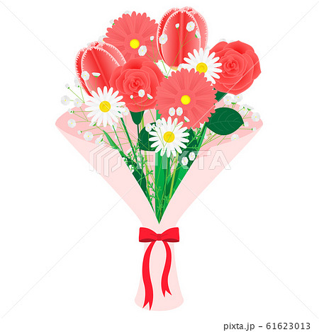 チューリップとバラとガーベラの花束のイラスト 赤 のイラスト素材