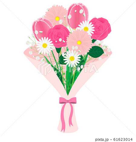 チューリップとバラとガーベラの花束のイラスト ピンク のイラスト素材