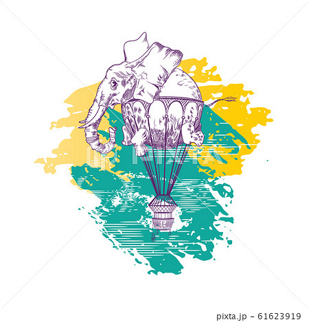 Vector image of an elephant flying in the sky. Tattoo art. 61623919