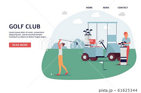 Golf club banner on landing page - golfer woman on green course 61625344