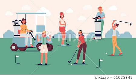 Female golf player team standing on green course with golfing equipment 61625345