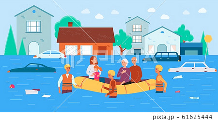 Flood rescue banner - cartoon family in boat... - Stock Illustration  [61625444] - PIXTA