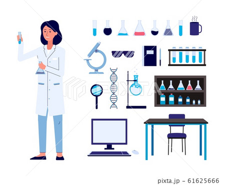Set with woman scientist and laboratory items, flat vector illustration isolated. Set with woman scientist and laboratory items, flat vector illustration isolated. 61625666